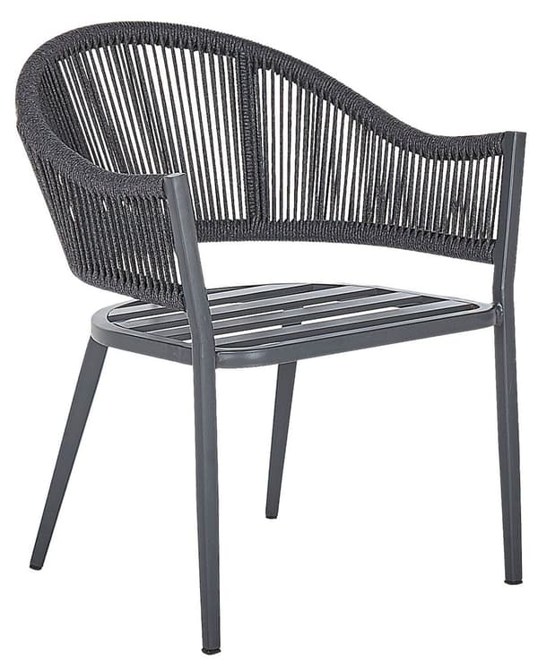 Sett med 2 hagespisestoler med grå metallramme og puter Moderne design med taufletting