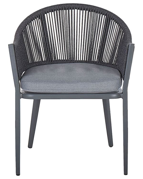 Sett med 2 hagespisestoler med grå metallramme og puter Moderne design med taufletting