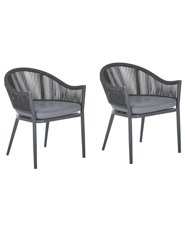 Sett med 2 hagespisestoler med grå metallramme og puter Moderne design med taufletting