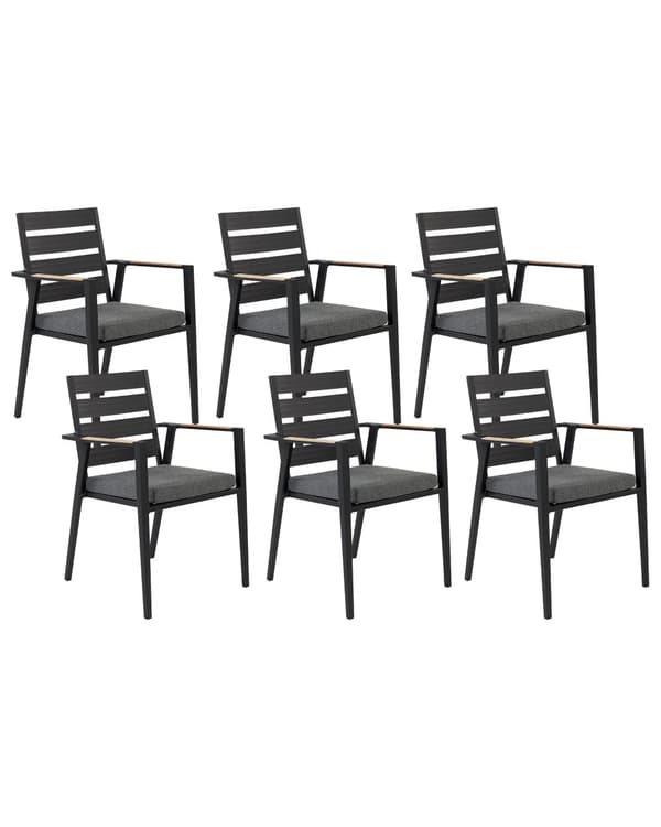 Set med 6 Trädgårdsstolar Svart Aluminium med Dynor Ryggstöd med Spjälor Design Modern