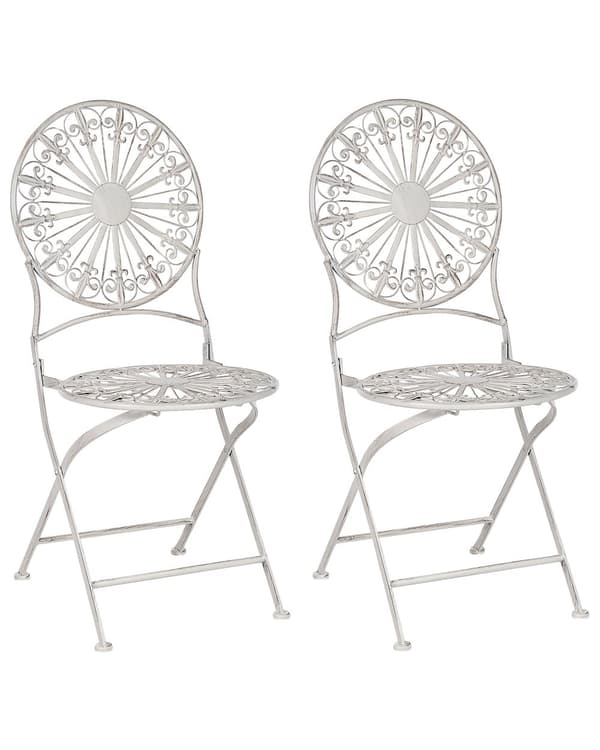 Sett med 2 Hagestoler Bistro stoler Hvit jern sammenleggbar utendørs distressed effekt UV-rustmotstand fransk retrostil