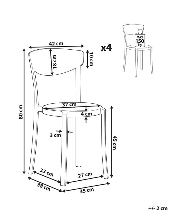 Tuoli tummanharmaa 42 x 80 x 40 cm muovi pinottava 4 kpl säänkestävä sisälle ulos moderni