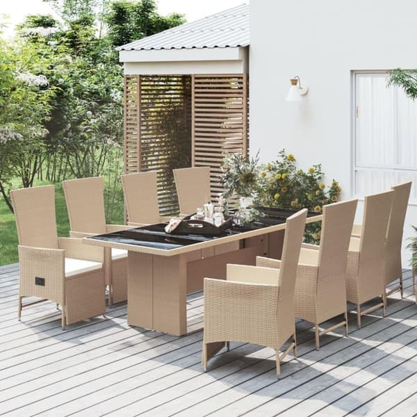 vidaXL Matgrupp för trädgården med dynor 9 delar beige konstrotting