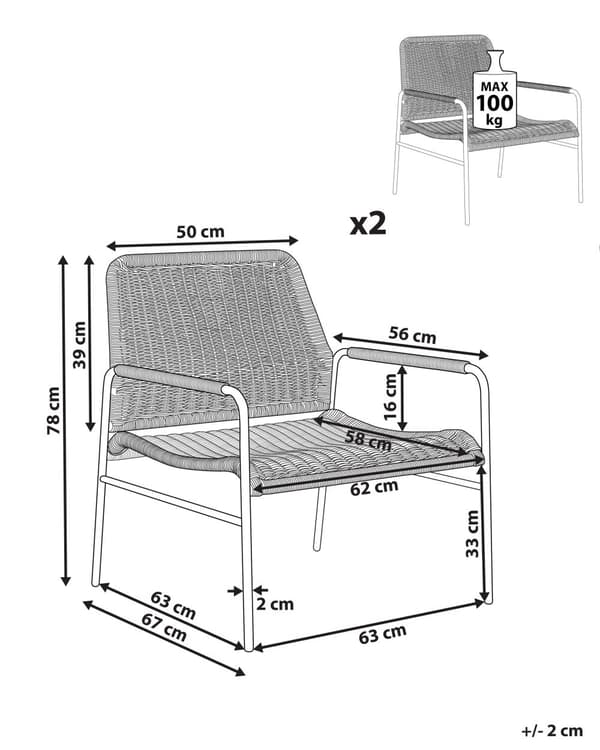 Set med 2 trädgårdsstolar Naturlig med svart ram Rottingväv Metallram Modern design Sittplatser utomhus