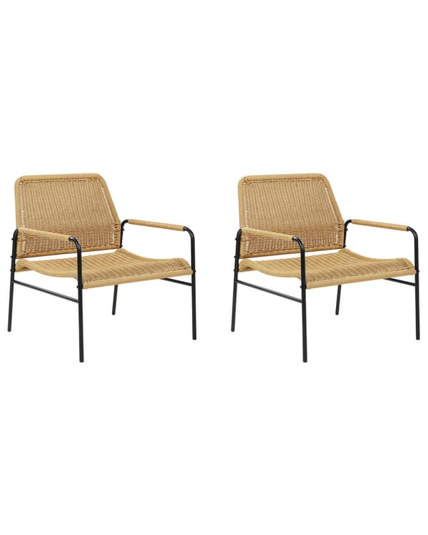 Set med 2 trädgårdsstolar Naturlig med svart ram Rottingväv Metallram Modern design Sittplatser utomhus