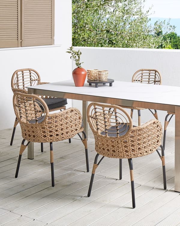 Rattan stol Lys Beige Natur Træ Stolesæt af 6 Flet Havestole med Armlæn og Siddehynder Træstole Design Udendørs Fletstole