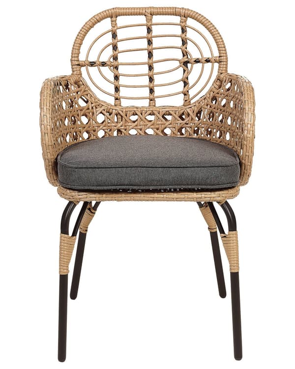 Rattan stol Lys Beige Natur Træ Stolesæt af 2 Flet Havestole med Armlæn og Siddehynder Træstole Design Udendørs Fletstole