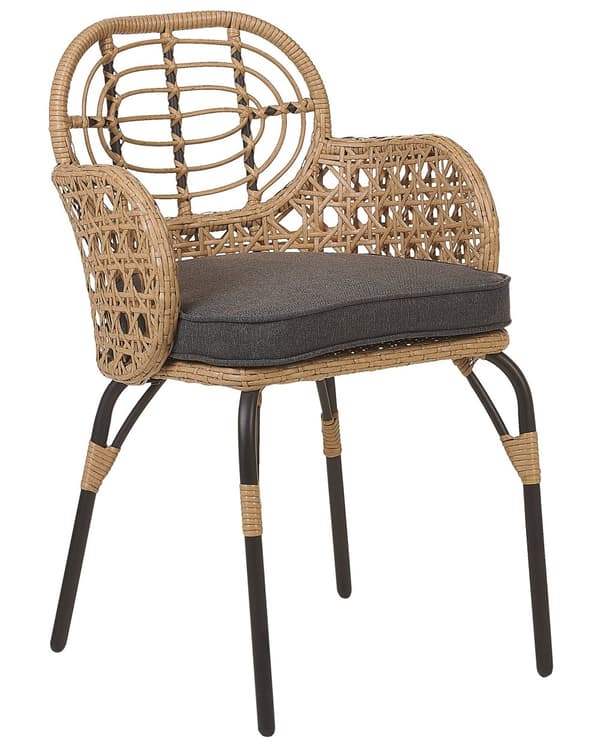 Rattan stol Lys Beige Natur Træ Stolesæt af 4 Flet Havestole med Armlæn og Siddehynder Træstole Design Udendørs Fletstole