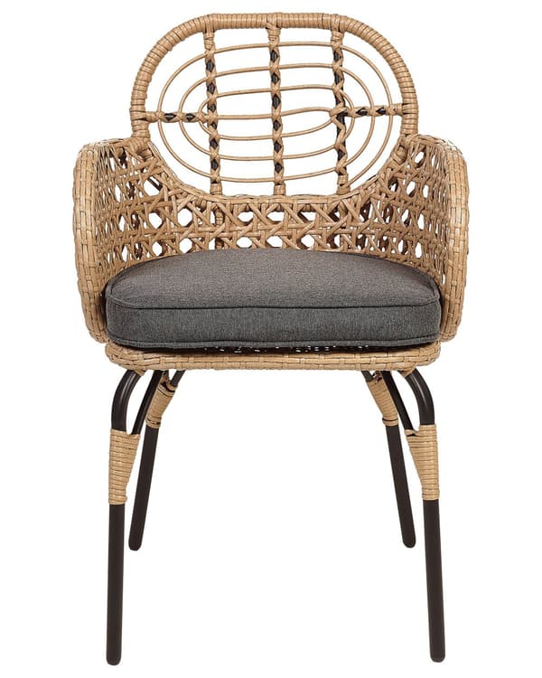 Rattan stol Lys Beige Natur Træ Stolesæt af 4 Flet Havestole med Armlæn og Siddehynder Træstole Design Udendørs Fletstole