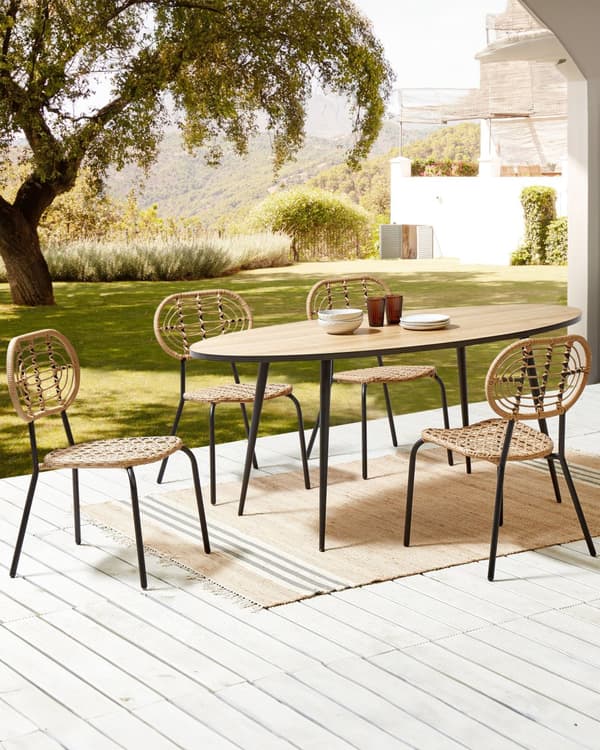 Set med 4 stolar Naturlig Konstrotting Svart stålram Flätat ryggstöd och sits Boho Design