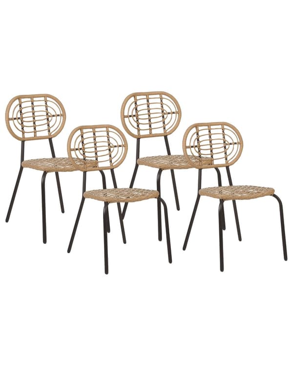 Set med 4 stolar Naturlig Konstrotting Svart stålram Flätat ryggstöd och sits Boho Design