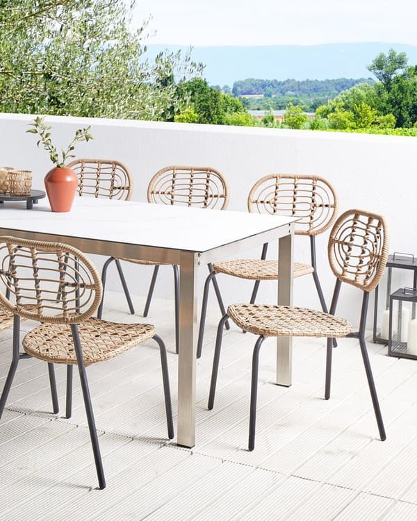 Set med 8 stolar Naturlig Konstrotting Svart stålram Flätat ryggstöd och sits Boho Design