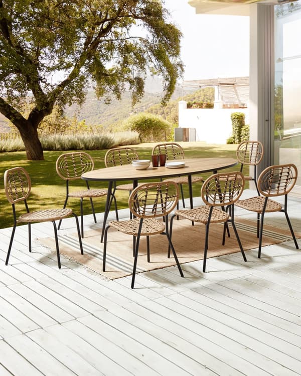 Set med 8 stolar Naturlig Konstrotting Svart stålram Flätat ryggstöd och sits Boho Design