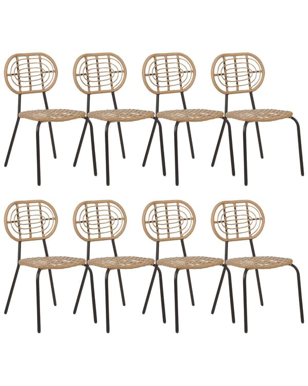 Set med 8 stolar Naturlig Konstrotting Svart stålram Flätat ryggstöd och sits Boho Design
