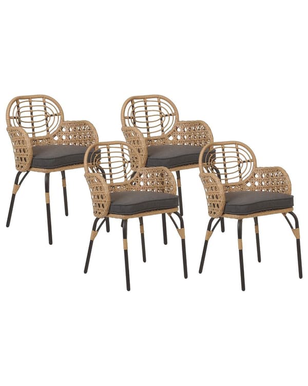 Set med 4 Stolar Grå Natur Konstrotting med Sittdyna Flätad Bohemisk Design