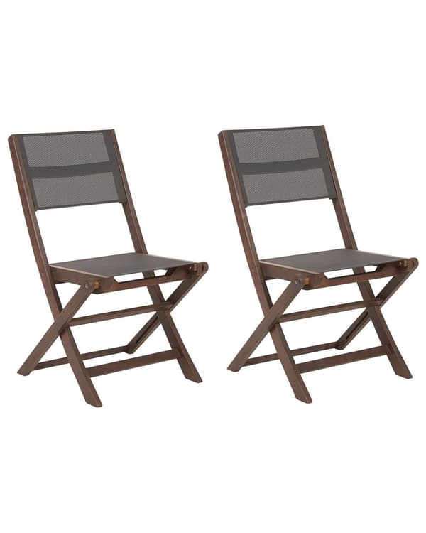 Set med 2 trädgårdsstolar mörk akaciaträ grå PVC-tyg hopfällbar utomhus uteplats armlös klassisk tidlös stil
