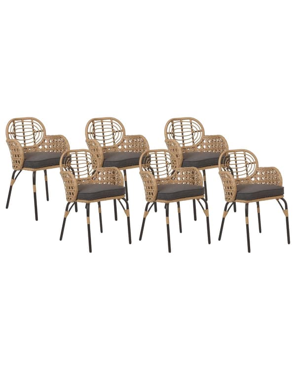 Sett med 6 stoler Natur Kunstrotting Grå sitteputer Flettet ryggstøtte og armlener Boho-stil Utemøbler Hage
