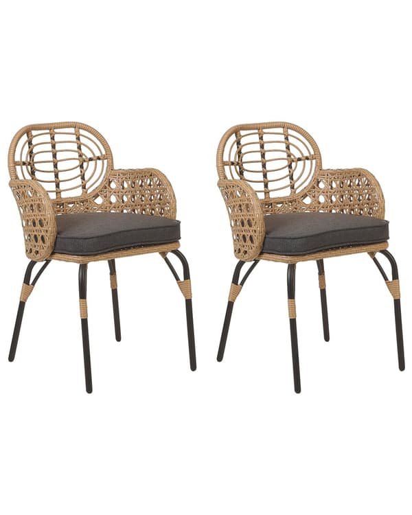 Sett med 2 stoler Natur Kunstrotting Grå sitteputer Flettet ryggstøtte og armlener Boho-stil Utemøbler Hage