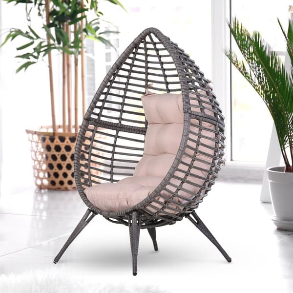 Rootz Rattan Lænestol i Dråbeform - Grå, Beige - Pe Rattan, Metal, Polyester - 39,76 cm x 35,04 cm x 61,42 cm