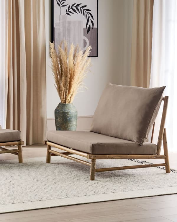 Uppsättning med 2 stolar Ljust Bambuträ Taupe Ryggstöd Sittdynor Inomhus och Utomhus Modern Rustik Design