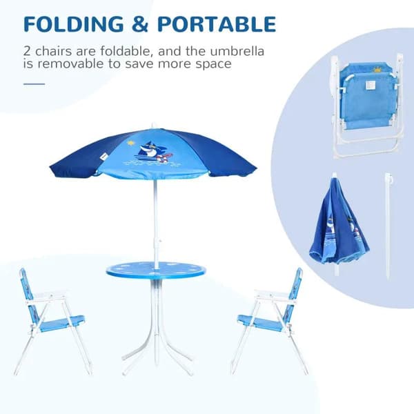 Rootz 4-delt børnemøbelsæt - Havebord - 2 klapstole - Parasol - Camping børnesædesæt - Havemøbler - Blå - Ø49,5 x 50H cm