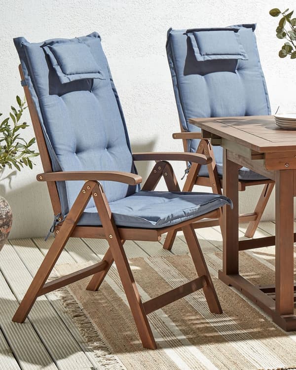 Set med 2 Trädgårdsstolar med Blåa Dynor Mörkt Akaciaträ Justerbar Hopfällbar Modern Design Utomhus Trädgård