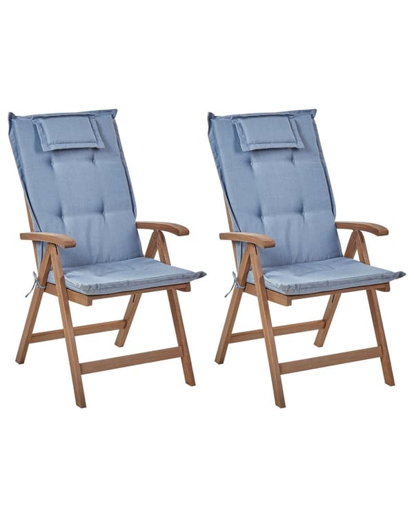 Set med 2 Trädgårdsstolar med Blåa Dynor Mörkt Akaciaträ Justerbar Hopfällbar Modern Design Utomhus Trädgård