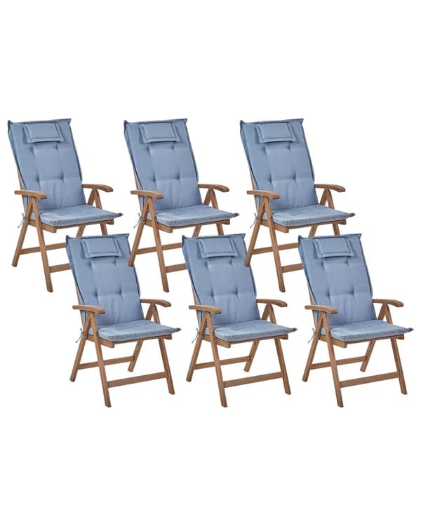 Set med 6 Trädgårdsstolar med Blåa Dynor Mörkt Akaciaträ Justerbar Hopfällbar Modern Design Utomhus Trädgård