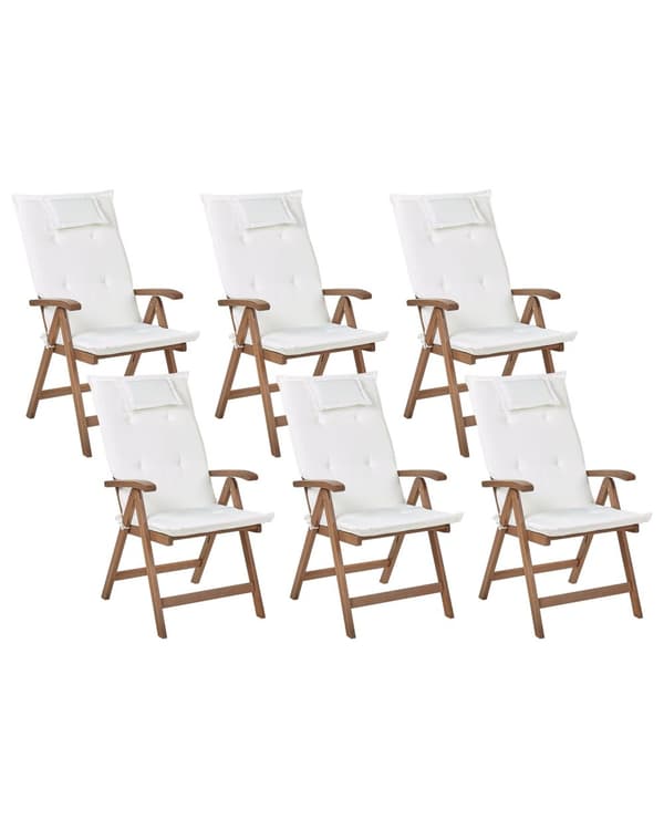 Set med 6 Trädgårdsstolar med Benvita Dynor Mörkt Akaciaträ Justerbar Hopfällbar Modern Design Utomhus Trädgård