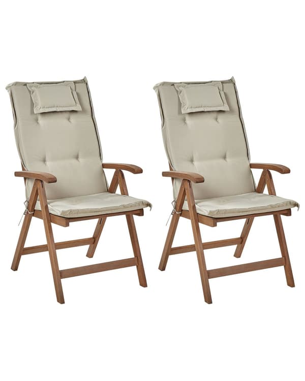 Set med 2 Trädgårdsstolar med Gråbruna Dynor Mörkt Akaciaträ Justerbar Hopfällbar Modern Design Utomhus Trädgård