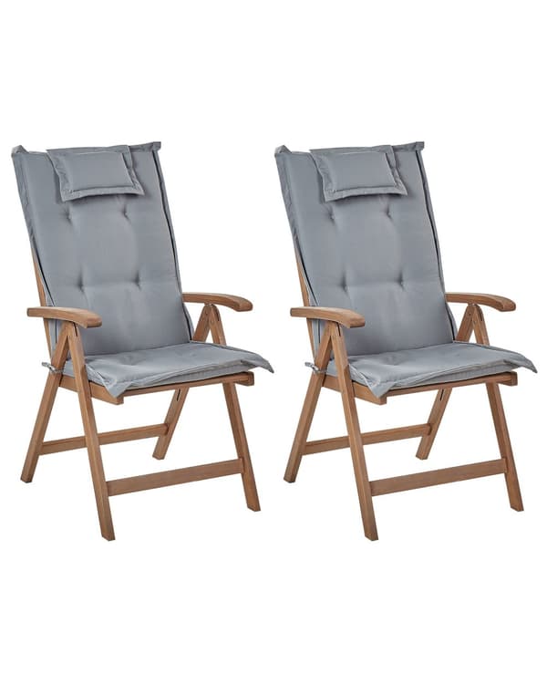 Set med 2 Trädgårdsstolar med Gråa Dynor Mörkt Akaciaträ Justerbar Hopfällbar Modern Design Utomhus Trädgård