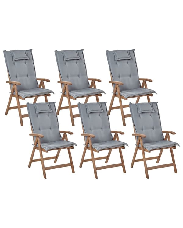 Set med 6 Trädgårdsstolar med Gråa Dynor Mörkt Akaciaträ Justerbar Hopfällbar Modern Design Utomhus Trädgård