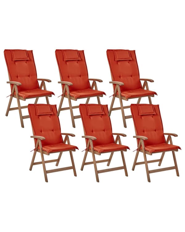 Set med 6 Trädgårdsstolar med Röda Dynor Mörkt Akaciaträ Justerbar Hopfällbar Modern Design Utomhus Trädgård