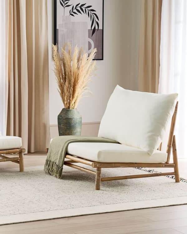 Uppsättning med 2 stolar Ljust Bambuträ Off-white Ryggstöd Sittdynor Inomhus och Utomhus Modern Rustik Design