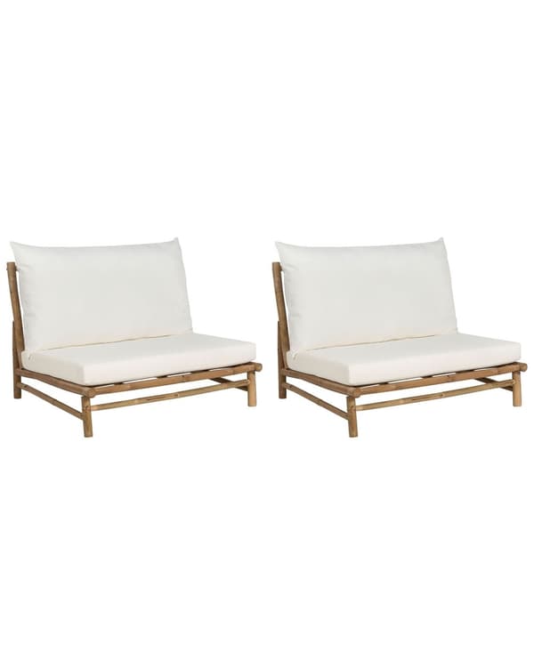 Uppsättning med 2 stolar Ljust Bambuträ Off-white Ryggstöd Sittdynor Inomhus och Utomhus Modern Rustik Design