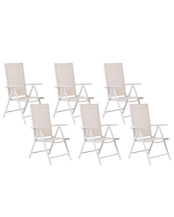 Havestole Beige Hvid sæt af 6 Klapstole med Justerbar Ryglæn og Foldbar Sammenklappelige Nonwood Positionsstole Altan Terrasse Indretning