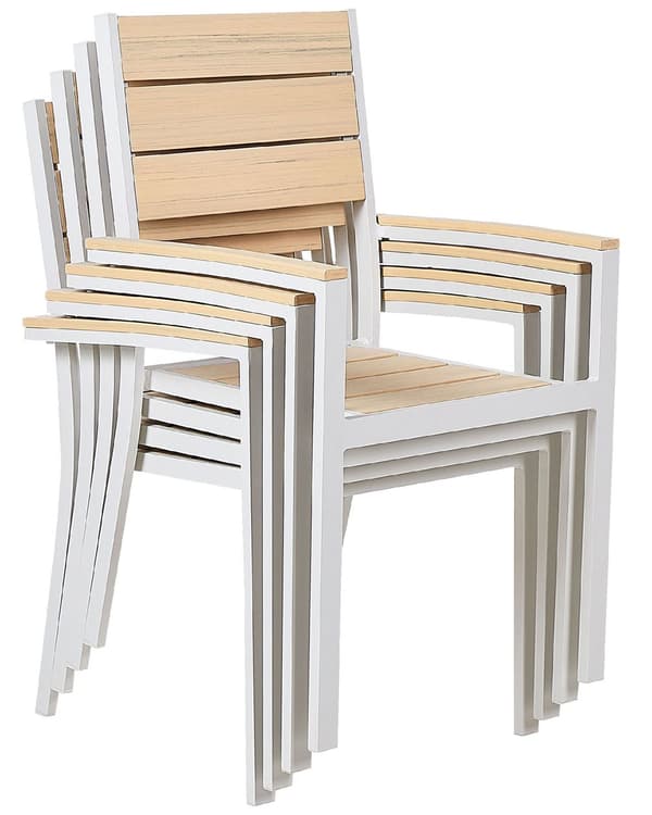 Set med 4 Trädgårdsstolar Beige Plast Trä Vit Pulverlackerad Aluminiumram Uteplats Modern