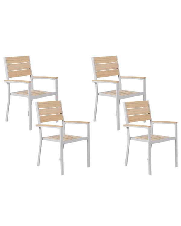 Havestole Lysebrun Plast Hvid Aluminium Sæt af 4 Udendørs Stabelbare Stole Noonwood Vedligeholdelsesfri til Terrasse Have