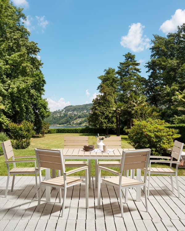 Sett med 6 Hagestoler i lyst tre og hvitt plasttre Aluminium Rustbestandig Moderne design
