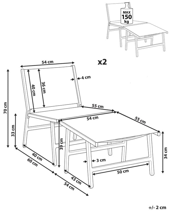 Set om 2 Trädgårdsstolar Svart Textilene Sits Ryggstöd Metallram med Fotstöd Modern Utomhus Uteplats Design