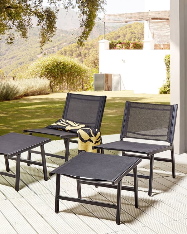 Set om 2 Trädgårdsstolar Svart Textilene Sits Ryggstöd Metallram med Fotstöd Modern Utomhus Uteplats Design