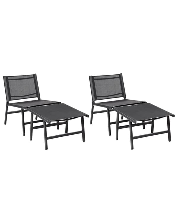 Set om 2 Trädgårdsstolar Svart Textilene Sits Ryggstöd Metallram med Fotstöd Modern Utomhus Uteplats Design