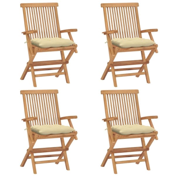 havestole med cremefarvede hynder 4 stk. massivt teaktræ