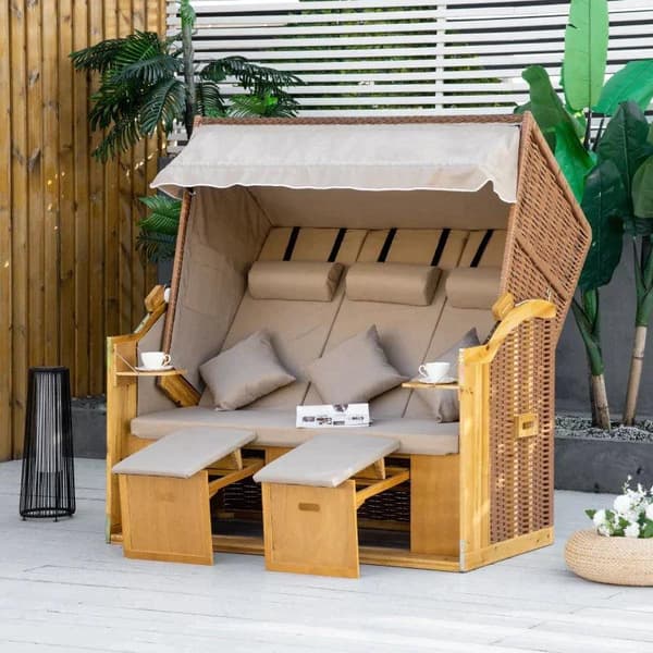 Rootz 3-sits strandstol - Rotting Fritidsstol - Strandstol - 3-personers strandstol - PP rotting/metall/massivt trä - gul/beige - 150 x 79 x 160 cm
