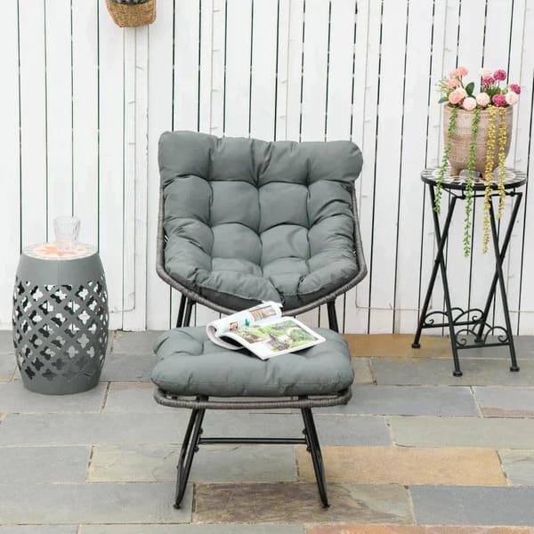 Rootz Rattan Relax Stol med fodskammel - Havestol - Udendørs Rattan Stol med hynde - Stål - Polyester - Grå - 69 x 76 x 70 cm