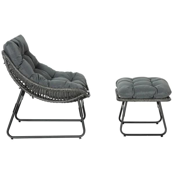 Rootz Rattan Relax Stol med fodskammel - Havestol - Udendørs Rattan Stol med hynde - Stål - Polyester - Grå - 69 x 76 x 70 cm