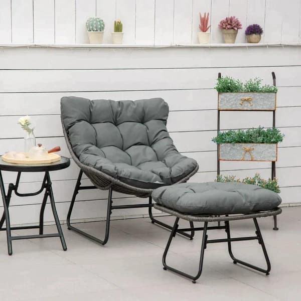 Rootz Rattan Relax Stol med fodskammel - Havestol - Udendørs Rattan Stol med hynde - Stål - Polyester - Grå - 69 x 76 x 70 cm