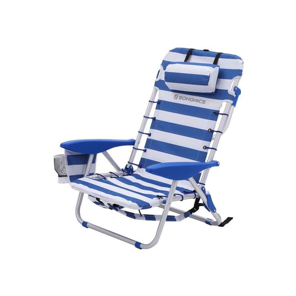 Rootz Beach Chair - Solstol med Dyna - Fällbar strandstol - Strandfåtölj - Justerbar strandstol - Solstol - Ergonomisk strandstol - Blå + Vit - 63 x 6