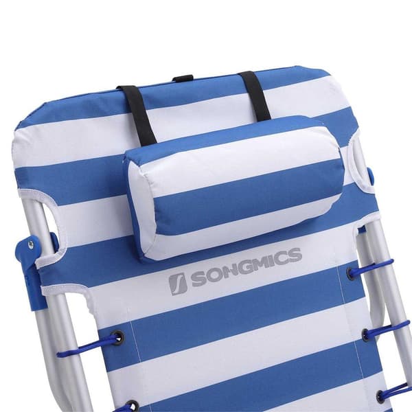 Rootz Beach Chair - Solstol med Dyna - Fällbar strandstol - Strandfåtölj - Justerbar strandstol - Solstol - Ergonomisk strandstol - Blå + Vit - 63 x 6