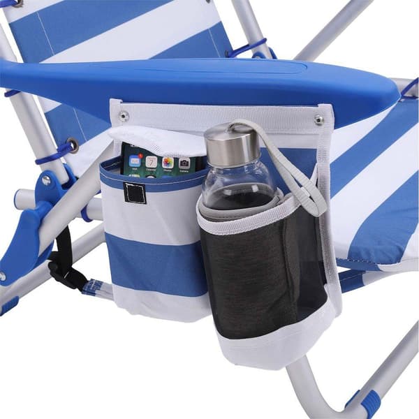 Rootz Beach Chair - Solstol med Dyna - Fällbar strandstol - Strandfåtölj - Justerbar strandstol - Solstol - Ergonomisk strandstol - Blå + Vit - 63 x 6
